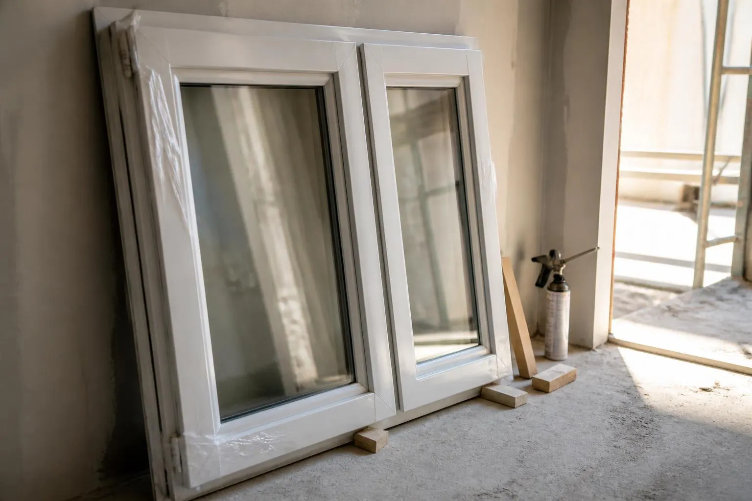 Fenêtre en PVC blanc posée contre un mur de chantier, calage et joint apparents
