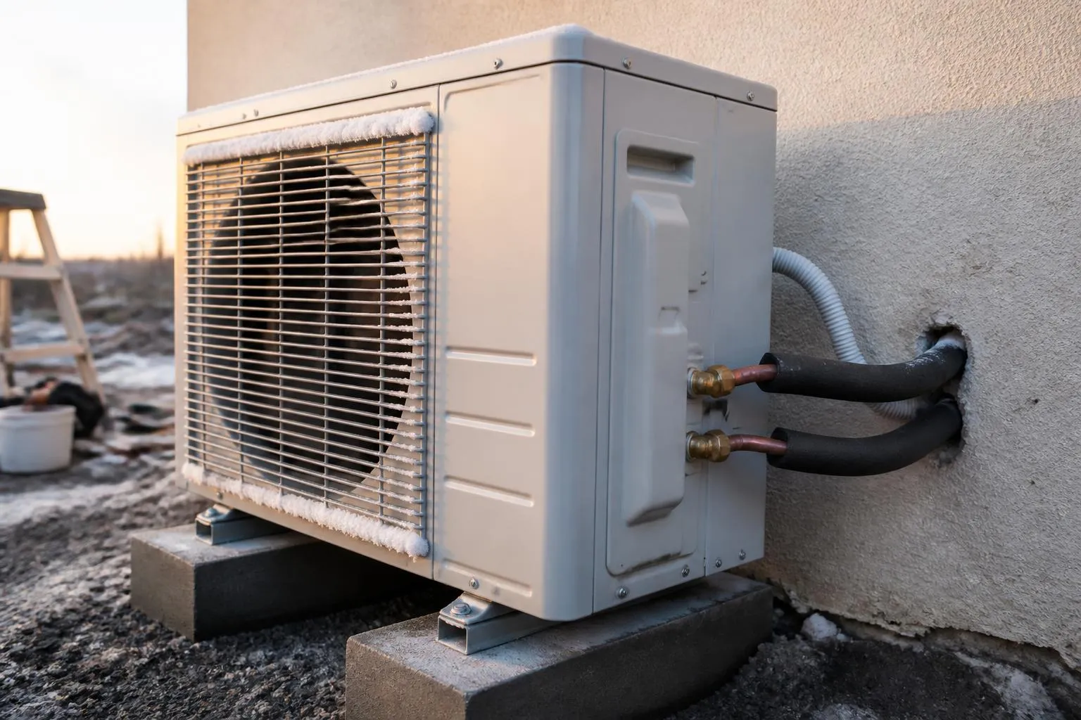 Groupe extérieur de pompe à chaleur air-eau posé sur ses plots béton contre un mur crépi, raccords cuivre apparents.
