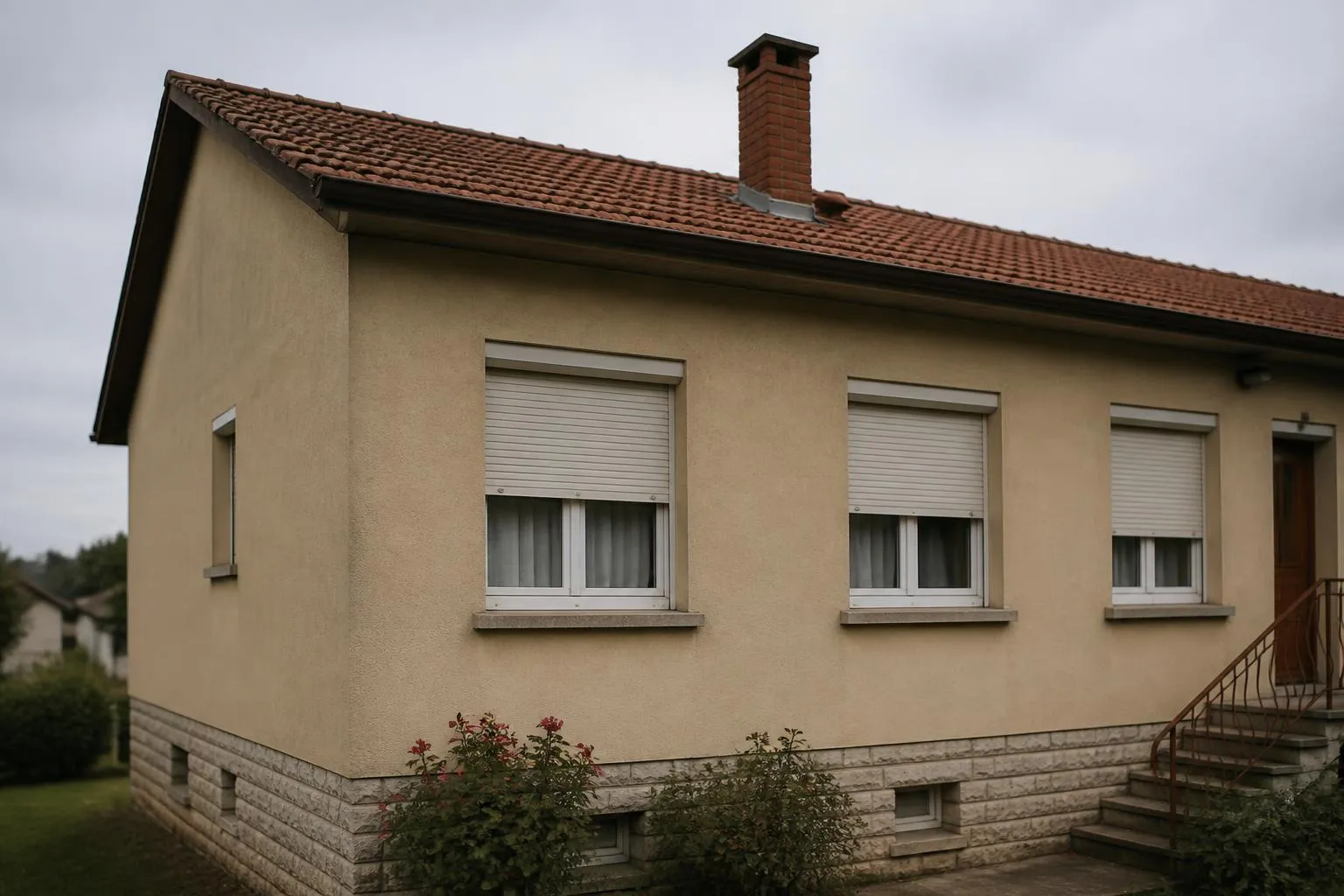 Maison individuelle des années 1970 en crépi beige, volets roulants et toiture en tuiles, vue de trois quarts
