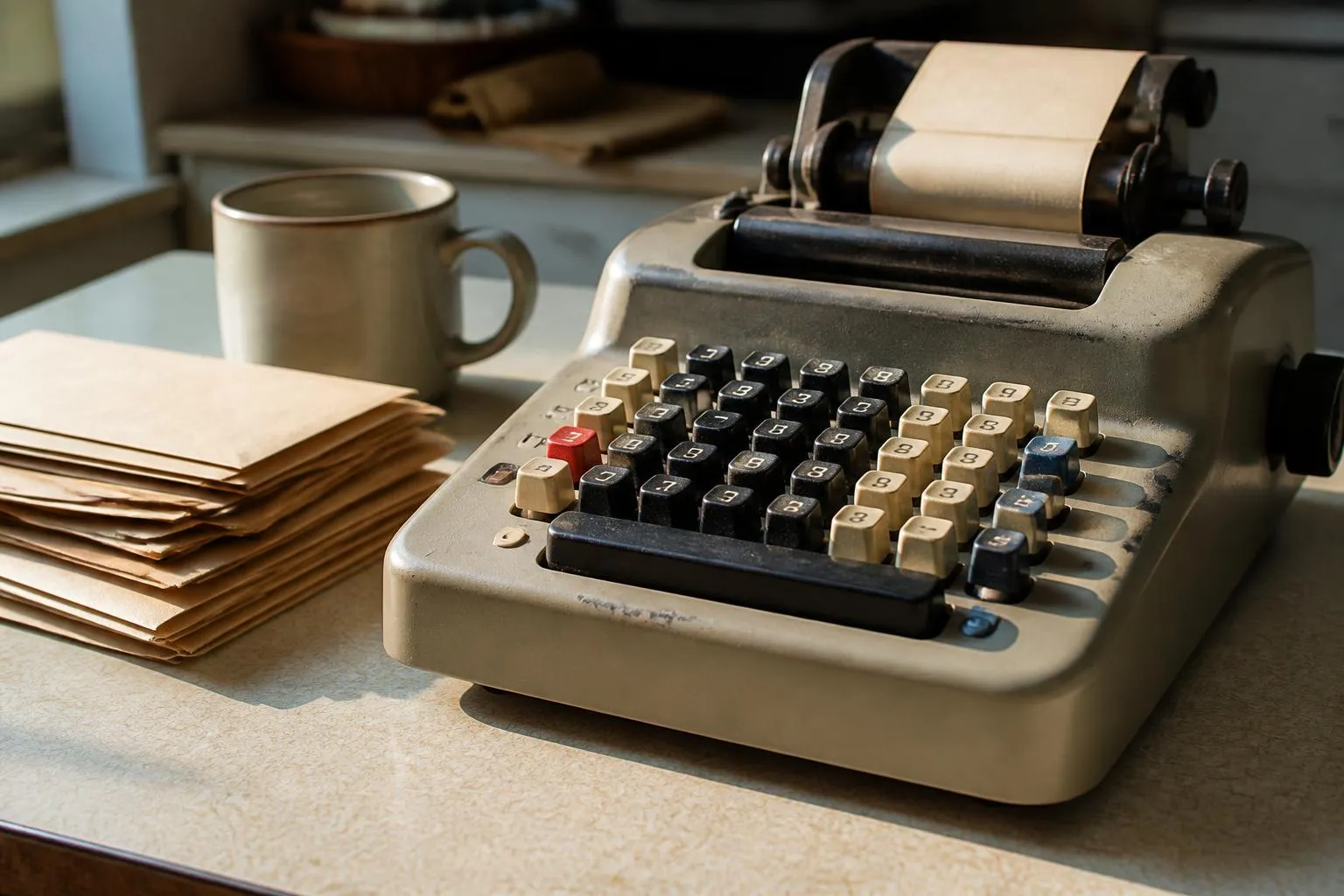 Une calculatrice de bureau et une pile d'enveloppes fermées sur une table de cuisine.