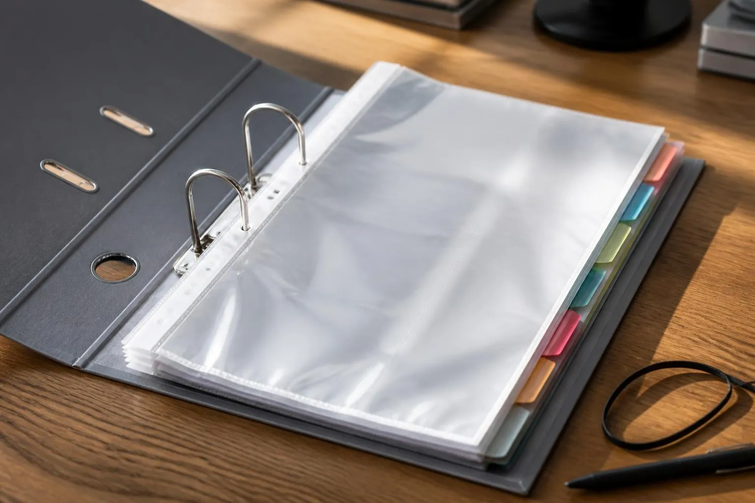 Un classeur à levier ouvert sur une table en bois, ses pochettes transparentes et ses intercalaires de couleur, un stylo posé à côté.