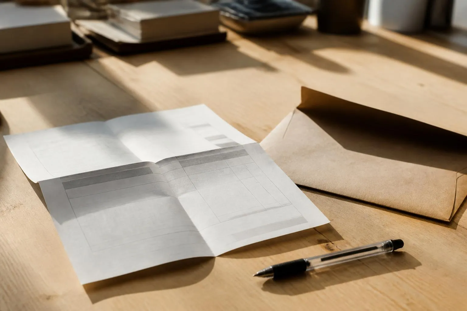 Un devis d'artisan replié sur une table en bois, à côté d'une enveloppe brune ouverte et d'un stylo