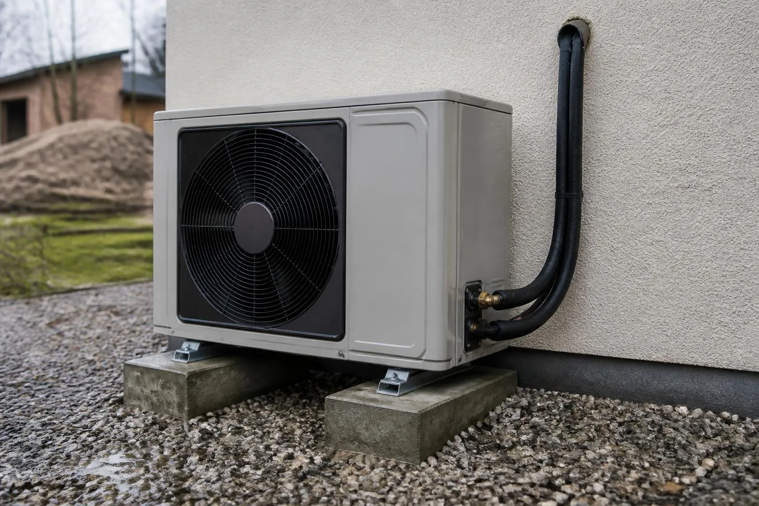 Groupe extérieur de pompe à chaleur air-eau sur ses plots, liaisons cuivre isolées et câble électrique remontant le long du mur.
