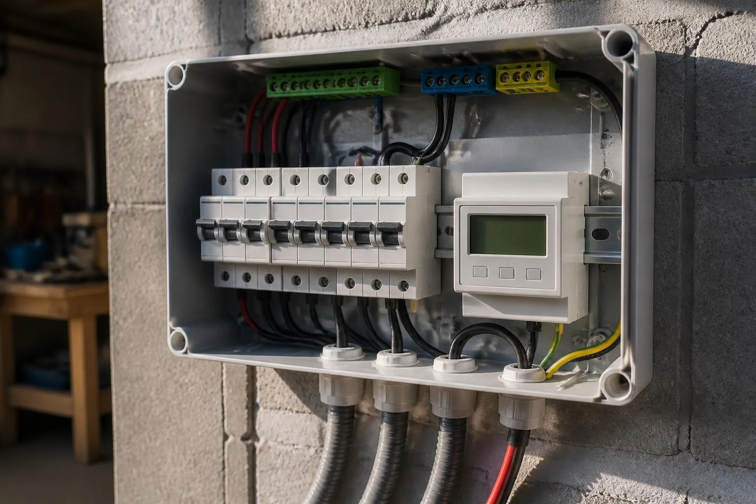 Coffret de raccordement photovoltaïque ouvert contre un mur de garage, disjoncteurs et compteur de production côte à côte