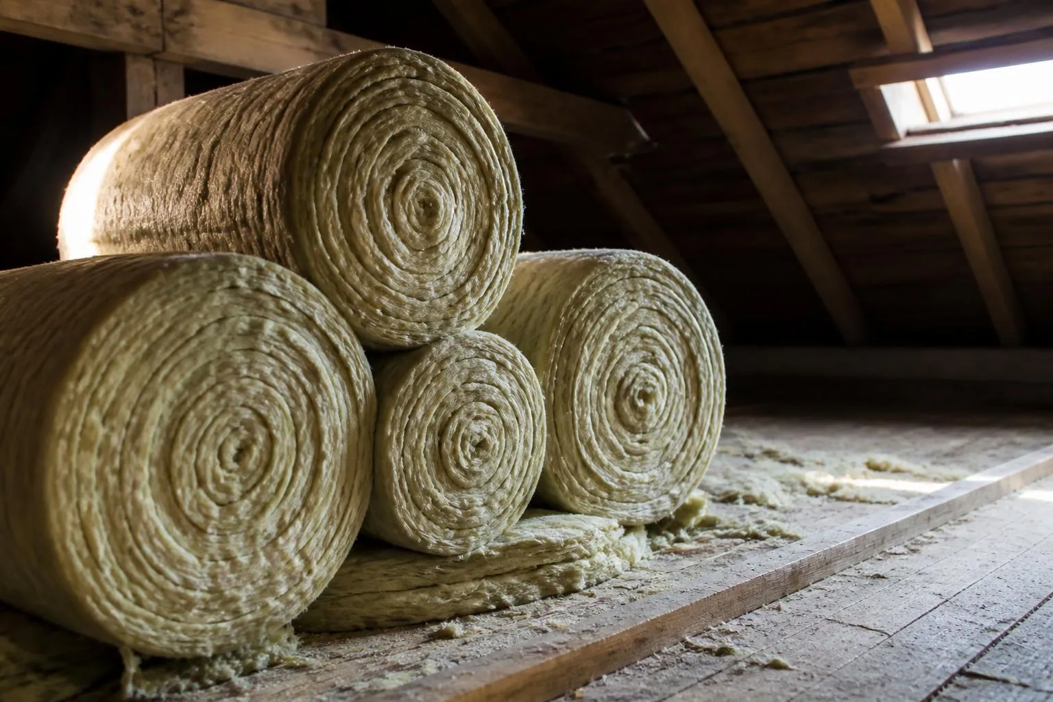 Rouleaux de laine minérale empilés sur le plancher de combles, sous la charpente
