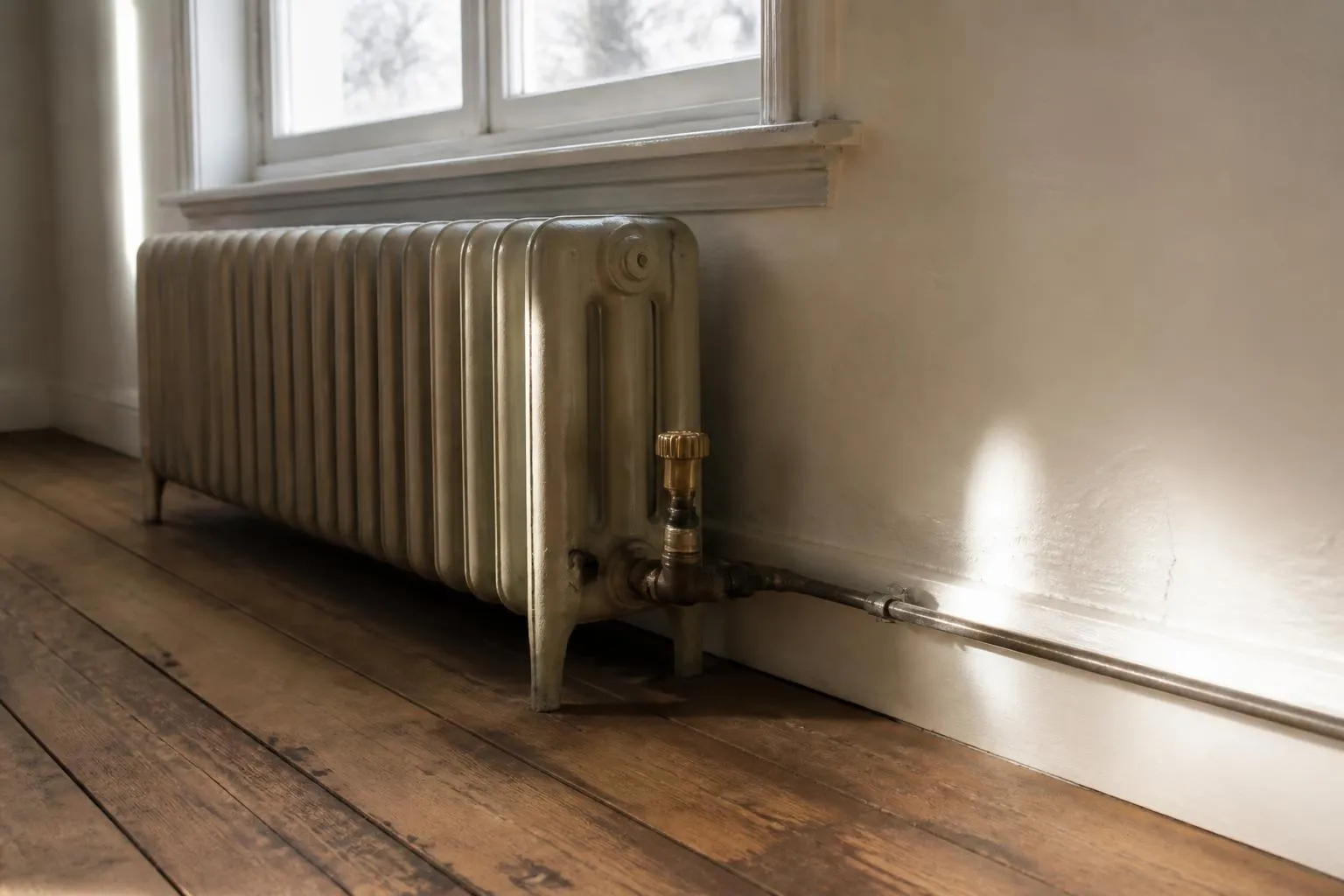 Un radiateur en fonte à colonnes sous une fenêtre, avec son robinet thermostatique et le tuyau d'alimentation apparent le long de la plinthe.