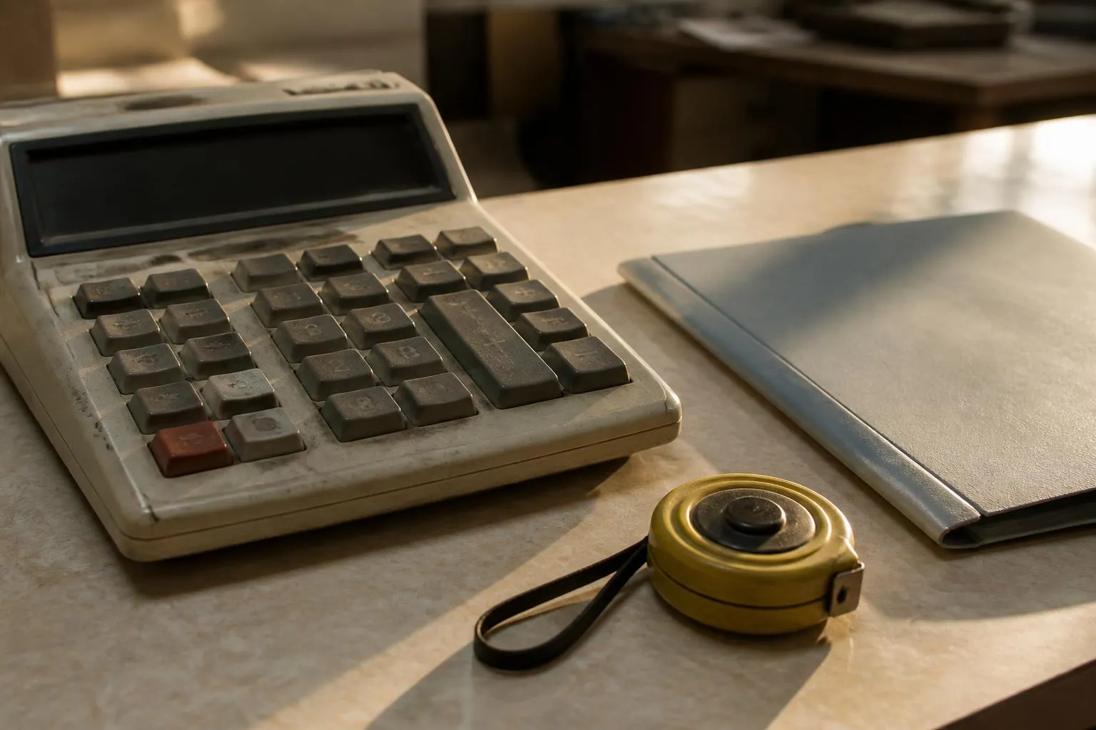 Une calculatrice de bureau, un mètre ruban enroulé et une chemise cartonnée fermée sur une table en Formica