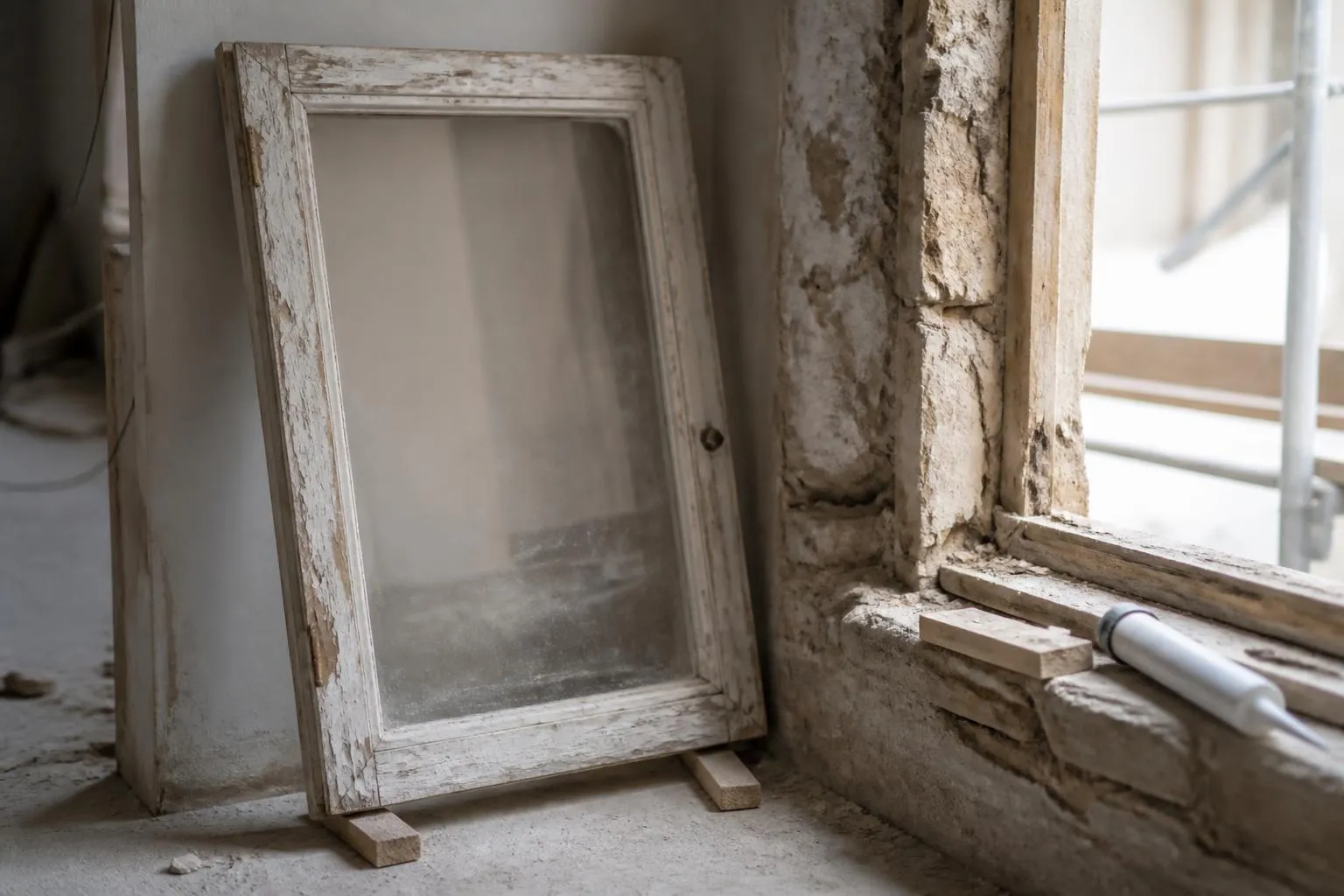 Ancienne fenêtre en bois déposée, posée contre un mur de chantier à côté de l'ouverture vide