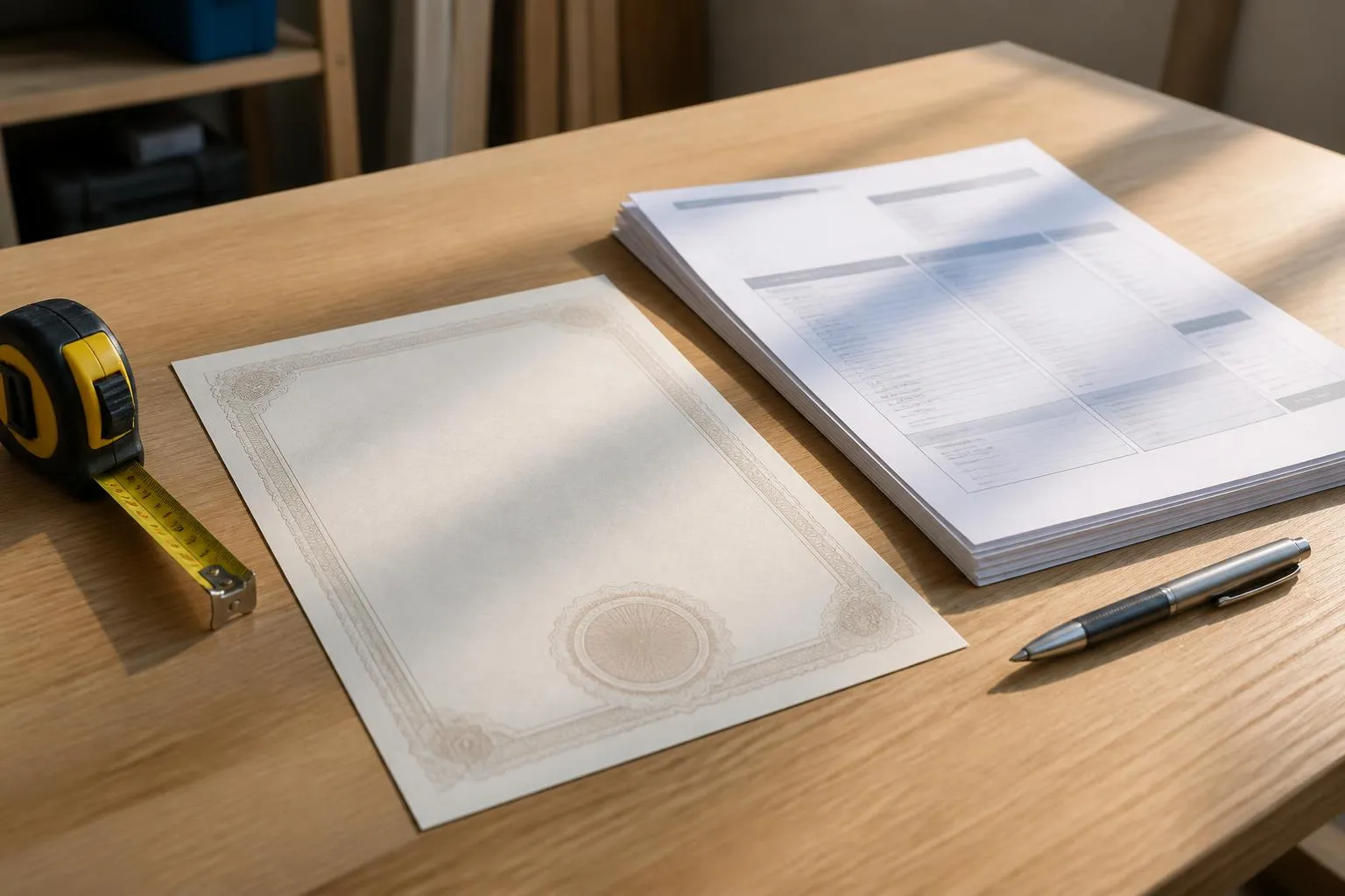 Un certificat de qualification et un devis de travaux posés sur une table de cuisine