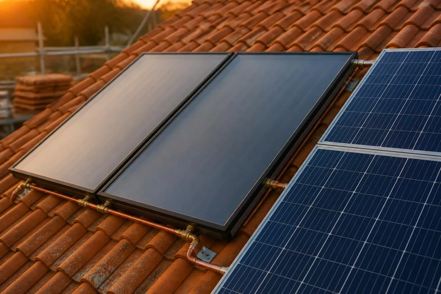 Capteurs solaires thermiques et modules photovoltaïques posés côte à côte sur un même pan de toiture en tuiles