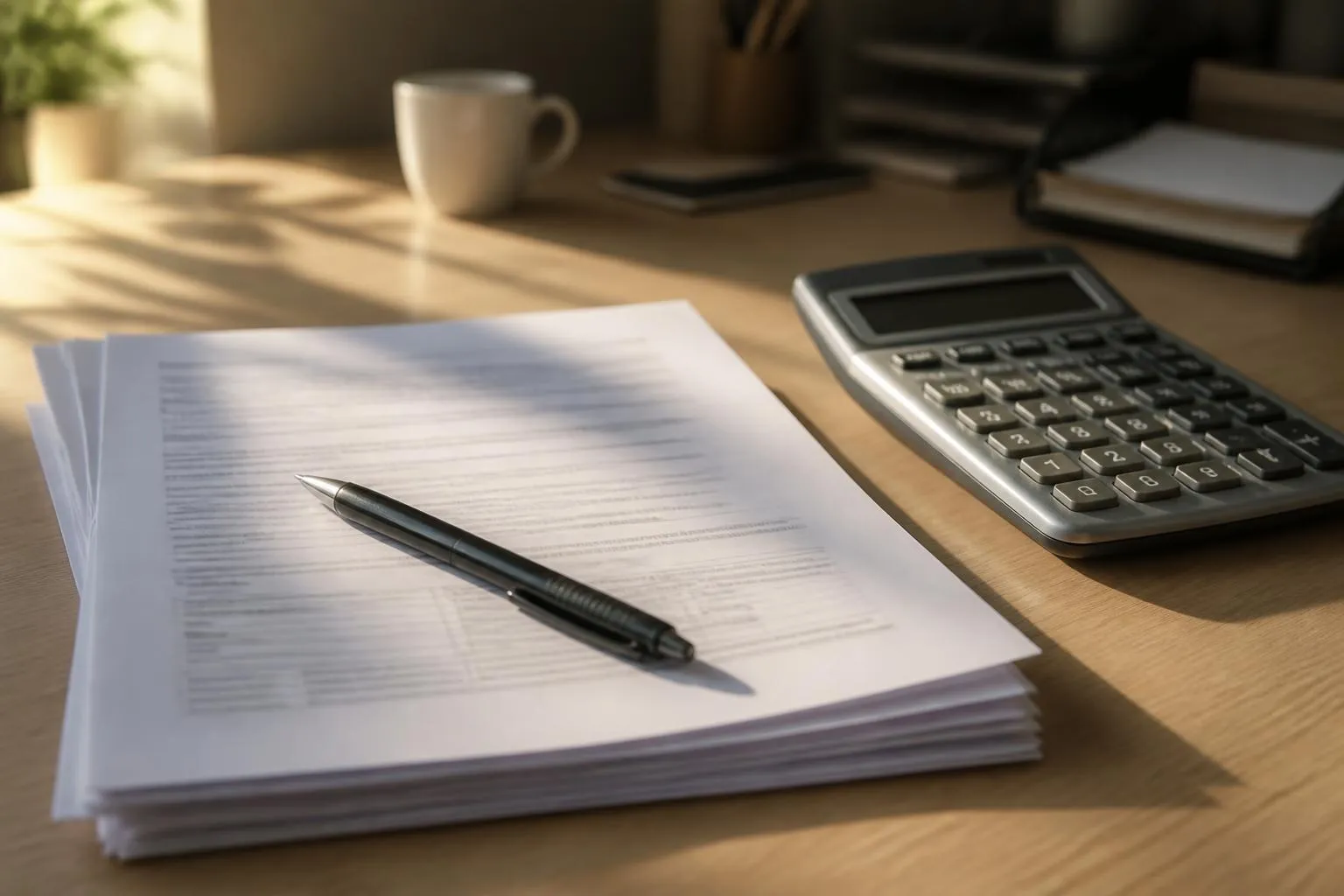 Un devis de travaux posé sur une table de cuisine, à côté d'un stylo et d'une calculatrice.