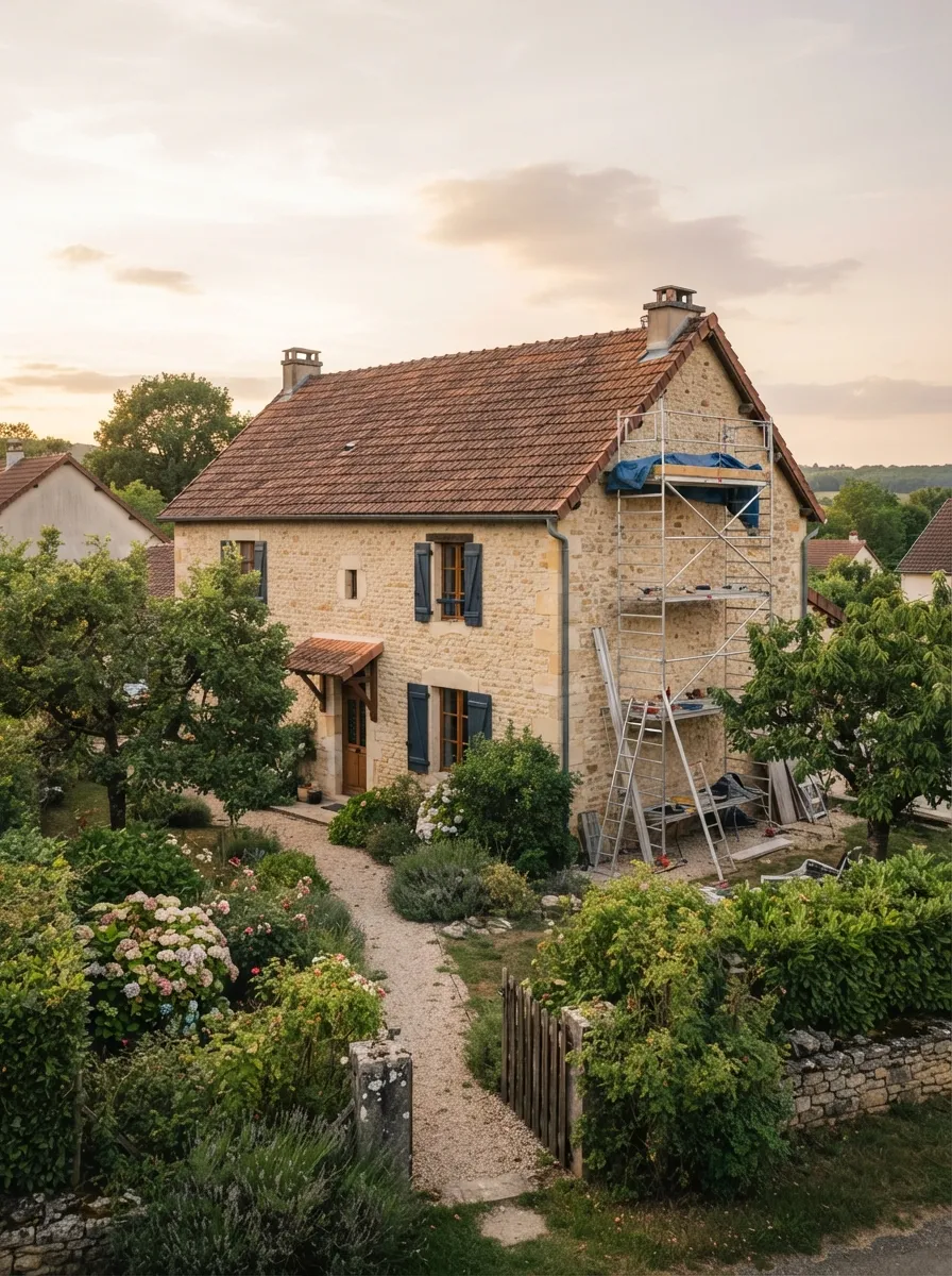 Une maison en pierre dont le pignon est monté en échafaudage, en fin de journée