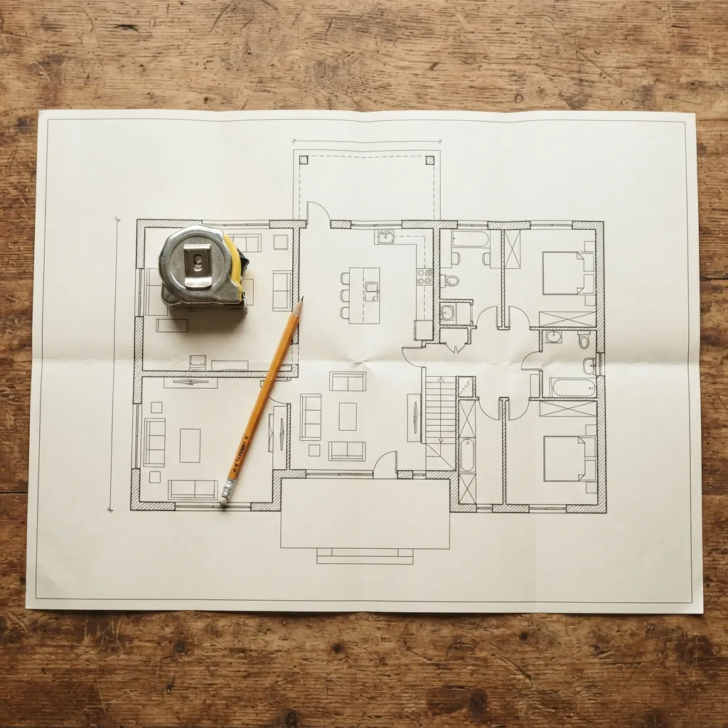 Un plan de maison déplié sur une table, un crayon et un mètre ruban posés dessus
